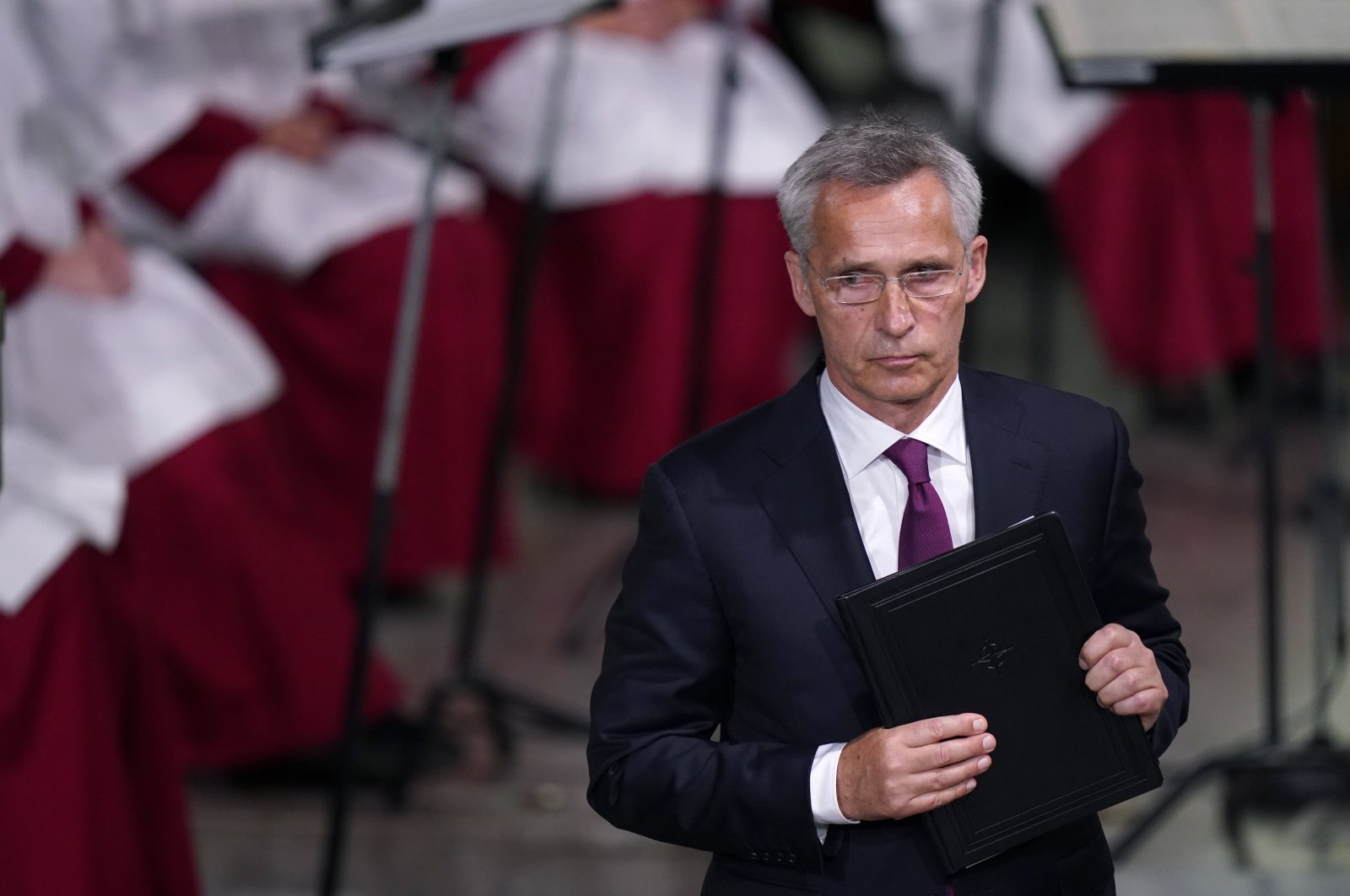 NATO Secretary-General Jens Stoltenberg looks on after delivering his speech during the memorial service at Oslo Cathedral, on the 10-year anniversary of the terrorist attack by Anders Breivik, in Oslo, Norway, July 22, 2021. (NTB scanpix via AP)
