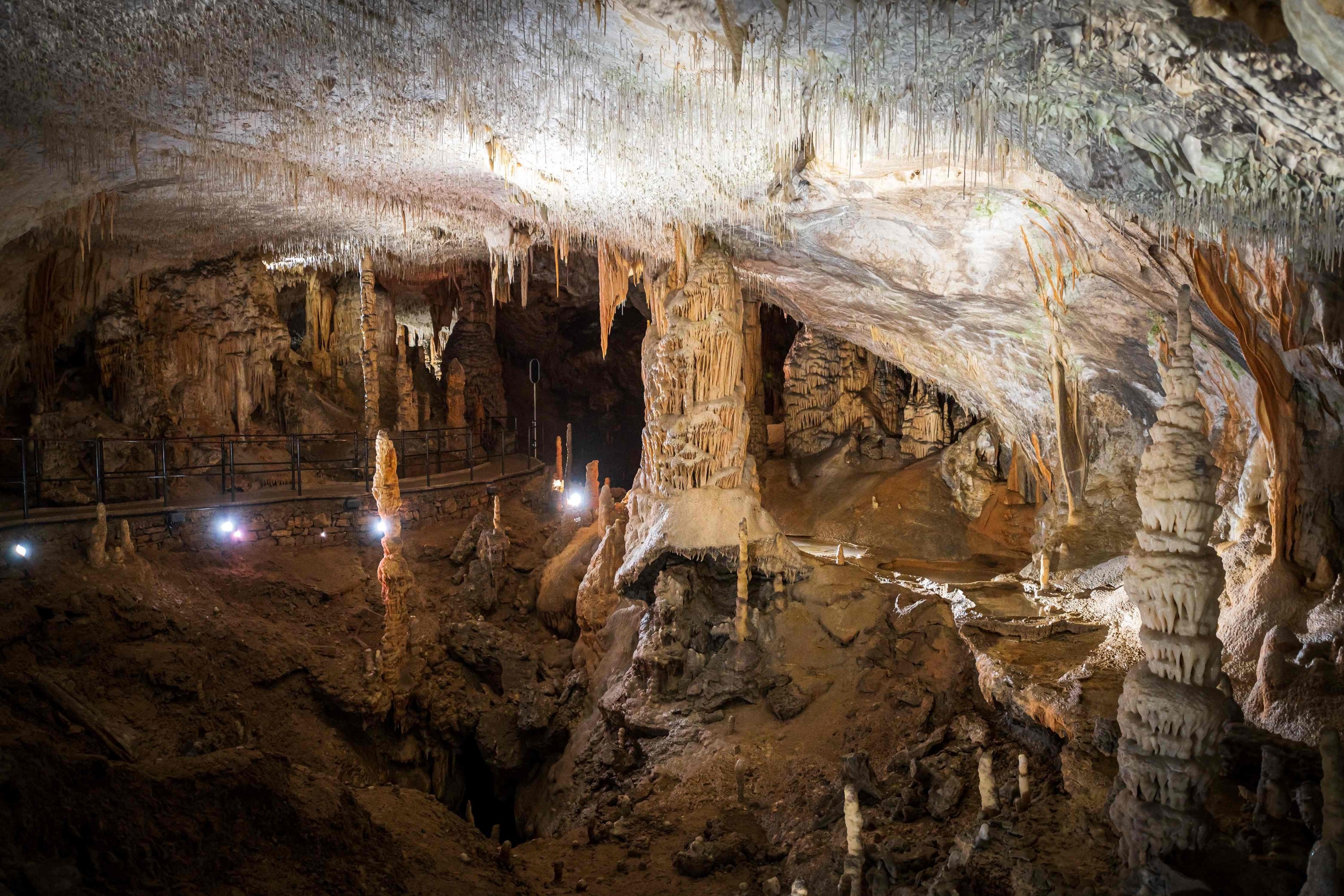 Stalagmites, stalactites and other cave formations can be seen in a part of the Postojna Cave in Postojna, Slovenia, May 25, 2021. (AFP Photo)