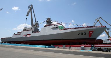 A MILGEM-class corvette built in Turkey for the Pakistan Navy docks in Istanbul, Turkey, Aug. 15, 2021. (AA Photo)