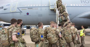 U.K. military personnel board an RAF Voyager aircraft at RAF Brize Norton, Britain, Aug. 14, 2021. (EPA Photo)