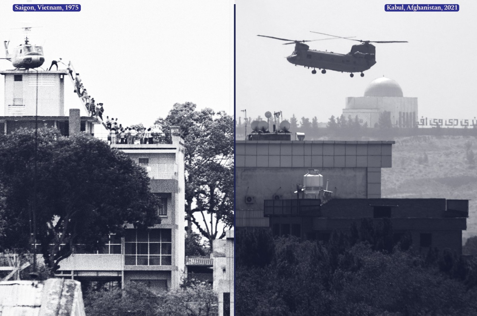 A combination picture of a CIA employee (most likely O.B. Harnage) helping Vietnamese evacuees onto an Air America helicopter from the top of 22 Gia Long Street, a half mile from the U.S. Embassy, Saigon, Vietnam, April, 1975 (Getty Images) and a U.S. Chinook helicopter flying over the U.S. Embassy in Kabul, Afghanistan, Aug. 15, 2021. (AP Photo)


