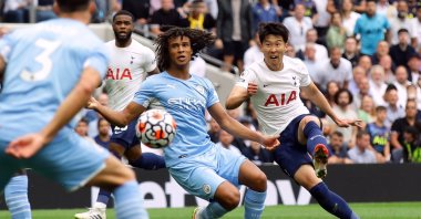 Tottenham Hotspur's Son Heung-min scores his side's only goal in a Premier League match against Manchester City, Tottenham Hotspur Stadium, London, Britain, Aug. 15, 2021.