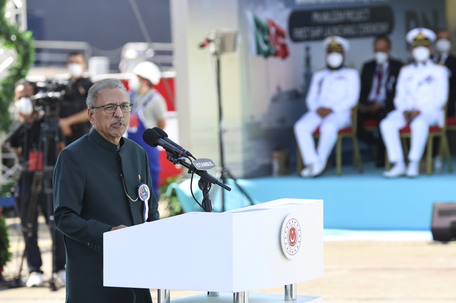 Pakistani President Arif Alvi speaks at the launching ceremony of MILGEM-class corvette ship, Turkey, Aug. 15, 2021. (AA Photo)