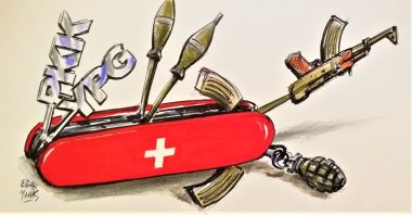 An illustration by Erhan Yalvaç of a Swiss Army knife with rifles, weapons and missiles to symbolize the recently launched YPG liaison office in Geneva, Switzerland.