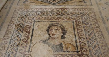 A mosaic of an ancient Greek muse in the House of Muses in the ancient city of Zeugma, Gaziantep, southeastern Turkey, Aug. 17, 2021. (AA Photo)