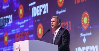 Defense Minister Hulusi Akar speaks during the opening of the International Defense Industry Fair (IDEF), Istanbul, Turkey, Aug. 17, 2021. (AA Photo)