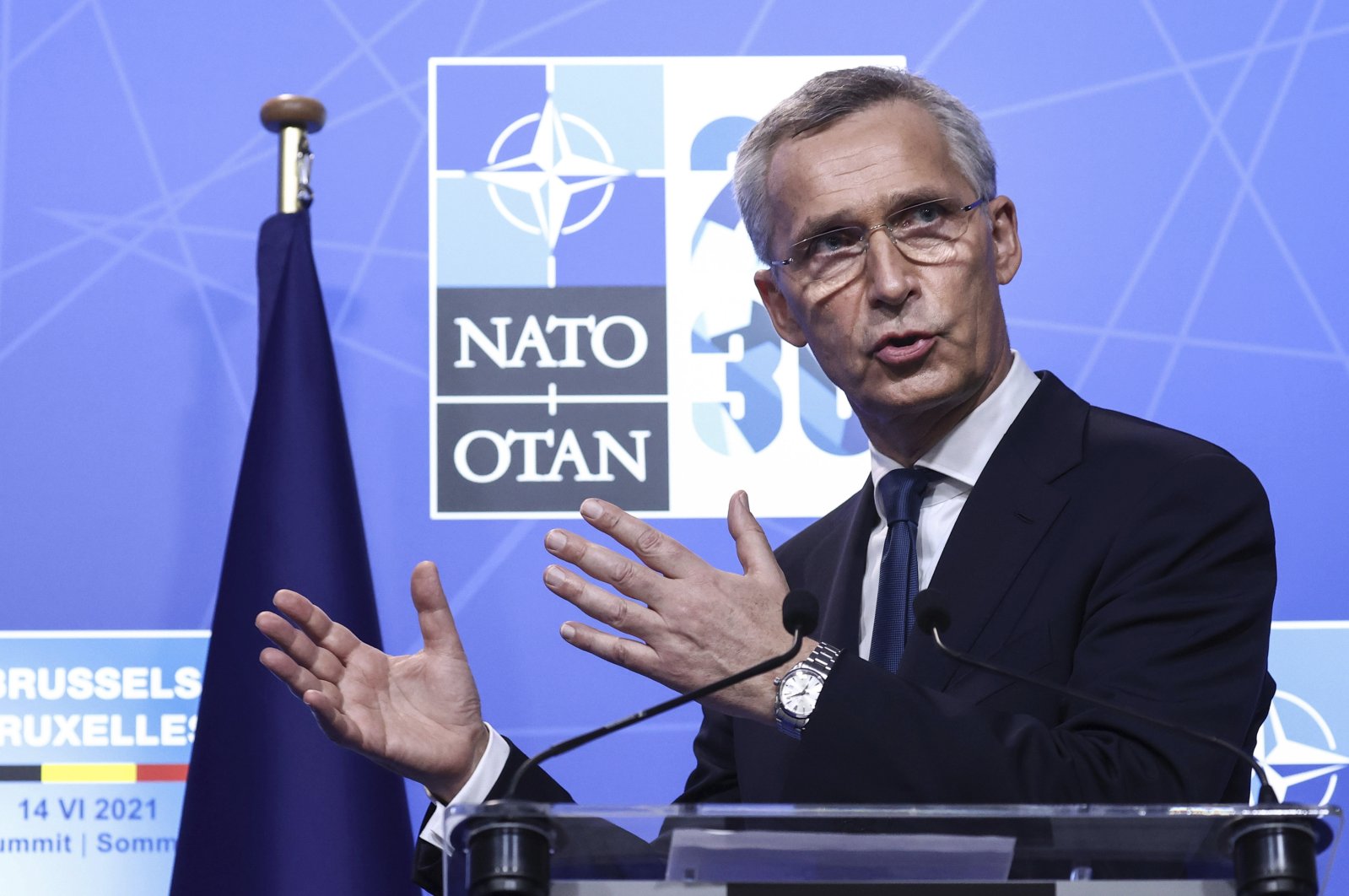 NATO Secretary-General Jens Stoltenberg speaks during a media conference at a NATO summit in Brussels, June 14, 2021. (AP Photo)