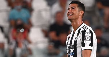 Juventus' Portuguese forward Cristiano Ronaldo reacts during a friendly football match against Atalanta at the Allianz Stadium, Turin, Italy, Aug. 14, 2021. (AFP Photo)