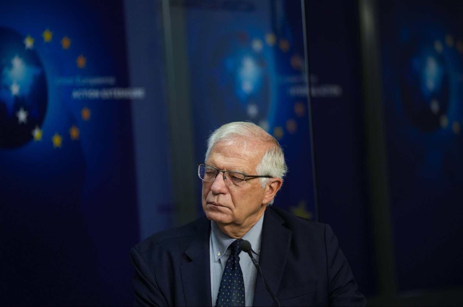 European Union foreign policy chief Josep Borrell listens to statements after a meeting at the EU headquarters in Brussels, June 24, 2021. (AP File Photo)