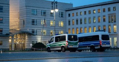 Police vehicles parked outside the U.S. Embassy, in Berlin, Germany, Jan. 7, 2021. (DPA via Getty Images)