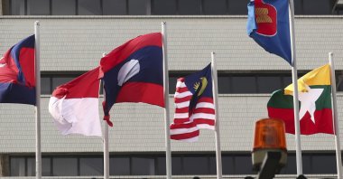 Flags of some of the ASEAN member countries fly at the ASEAN Secretariat in Jakarta, Indonesia, April 22, 2021.  (AP Photo/Tatan Syuflana)