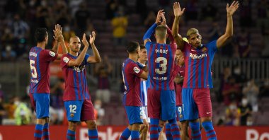 Barcelona players celebrate during a Spanish La Liga match against Real Sociedad at Camp Nou, Barcelona, Spain, Aug. 15, 2021. (AFP Photo)
