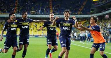 Fenerbahçe's Muhammed Gümüşkaya and his teammates celebrate after the young star's goal during the UEFA Europa League playoff first league match at Şükrü Saraçoğlu Stadium, Istanbul, Turkey, on Aug. 19, 2021. (IHA Photo)