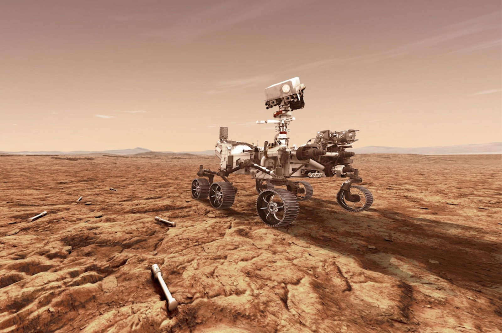 In this concept illustration provided by NASA, NASA's Perseverance (Mars 2020) rover will store rock and soil samples in sealed tubes on the planet's surface for future missions to retrieve in the area known as Jezero crater on the planet Mars. (Photo illustration by NASA via Getty Images)