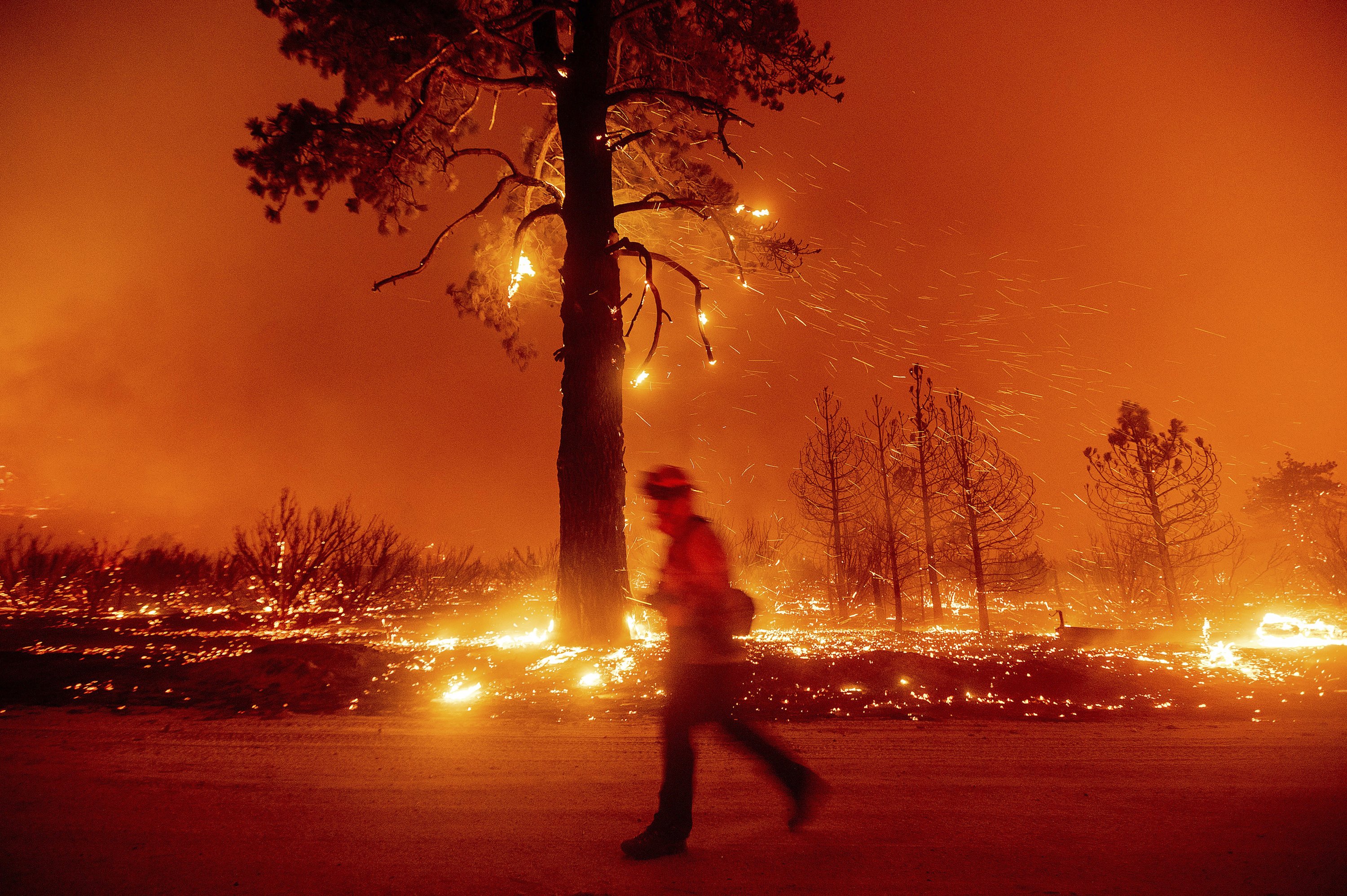 A firefighter battles the Dixie Fire shortly after it jumped Highway 395 south of Janesville in Lassen County, California, U.S., Aug. 16, 2021. (AP Photo)
