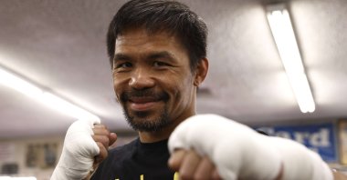 Manny Pacquiao poses for media at Wild Card Boxing Club in Los Angeles, California, U.S., Aug. 04, 2021. (AFP Photo)