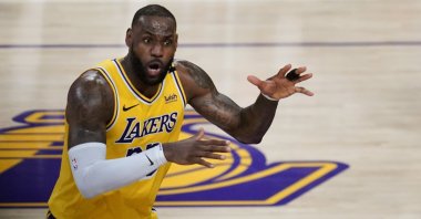 Los Angeles Lakers forward LeBron James reacts during NBA first-round Playoff Game 6 against the Phoenix Suns, Los Angeles, U.S., June 3, 2021. (AP Photo)