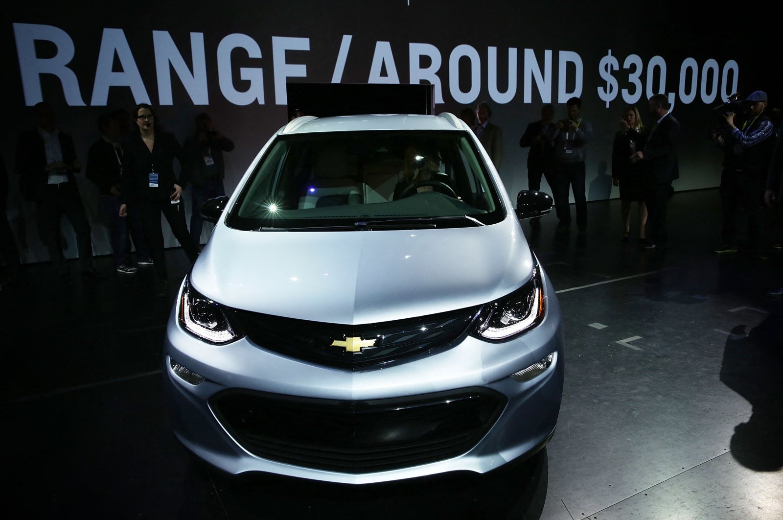 The new Chevy Bolt EV is seen on stage after a keynote address at CES 2016 at the Westgate Las Vegas Resort & Casino in Las Vegas, Nevada, U.S., Jan. 6, 2016. (AFP Photo)