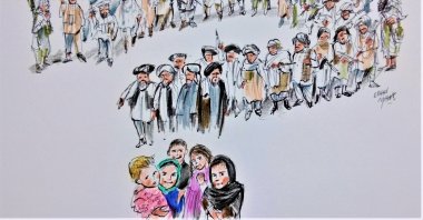 Illustration by Erhan Yalvaç, shows Afghan refugees and Taliban fighters.