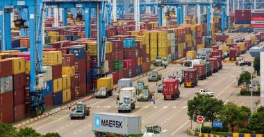 Lines of trucks are seen at a container terminal of Ningbo Zhoushan port in Zhejiang province, China, Aug. 15, 2021. (Reuters Photo)