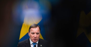 Swedish Prime Minister Stefan Lofven speaks at a press conference about the situation of the coronavirus at the government headquarters in Stockholm, Sweden, March 31, 2020. (AFP Photo)