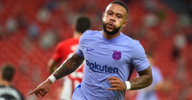 Barcelona's Dutch forward Memphis Depay celebrates after scoring a goal during a Spanish La Liga match against Athletic Club at the San Mames stadium, Bilbao, Spain, Aug. 21, 2021. (AFP Photo)