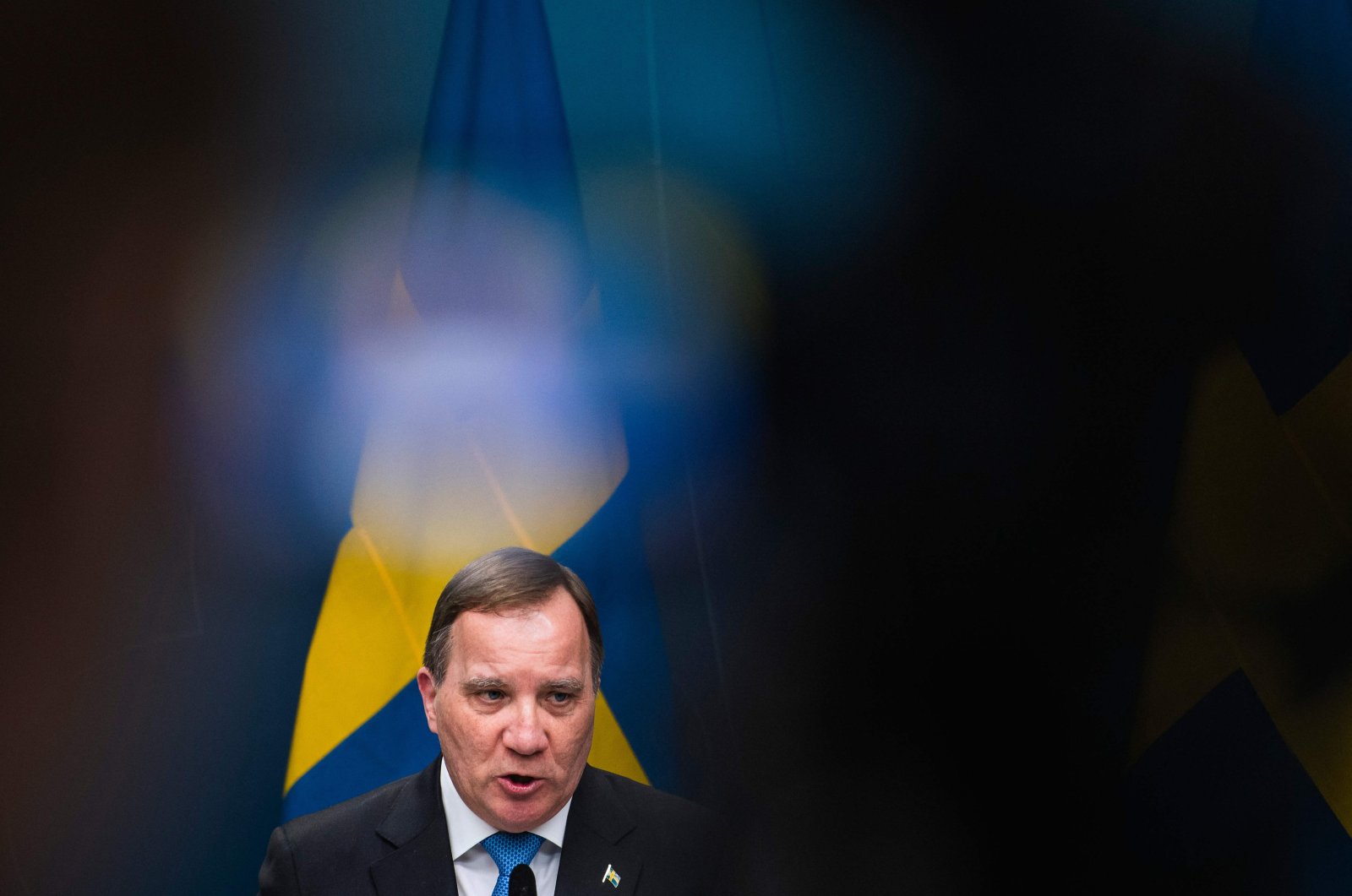 Swedish Prime Minister Stefan Lofven speaks at a press conference about the situation of the coronavirus at the government headquarters in Stockholm, Sweden, March 31, 2020. (AFP Photo)