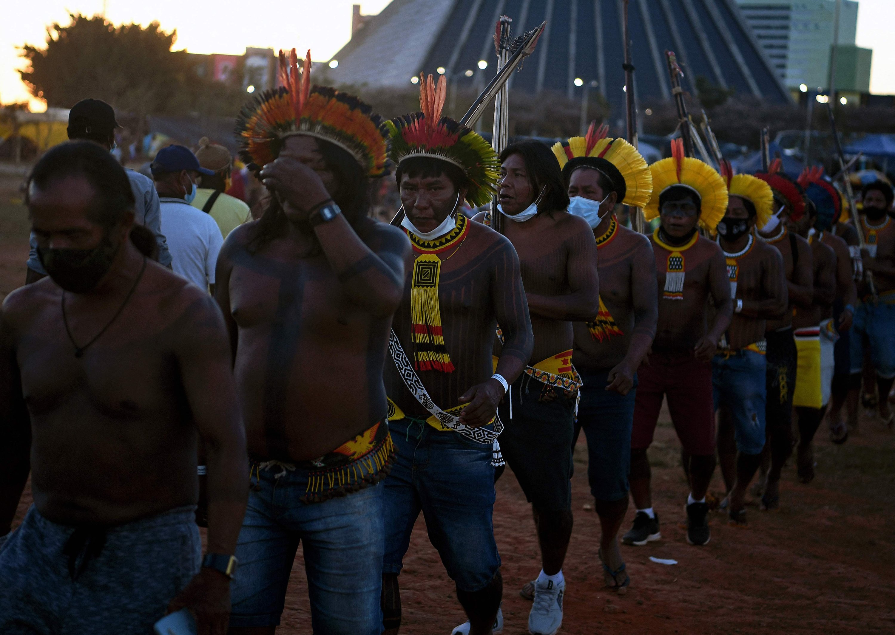 Members of the Kayapo tribe are seen at a protest camp in Brasilia, Brazil, Aug. 22, 2021. (AFP Photo)