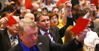 Bjoern Hoecke (C) of the anti-immigration party Alternative for Germany (AfD) party, votes during the AfD congress in Stuttgart, Germany, April 30, 2016. (Reuters Photo)