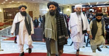 Mullah Abdul Ghani Baradar, the Taliban's deputy leader and negotiator, and other delegation members attend the Afghan peace conference in Moscow, Russia, March 18, 2021. (REUTERS/File Photo)