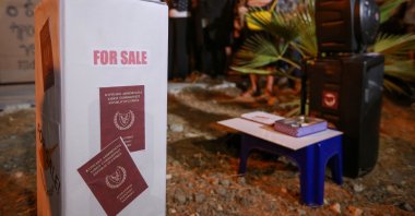 Mock passports for sale stand are seen during an anti-corruption protest in Nicosia, Greek Cyprus, Oct. 14, 2020. (Getty Images)