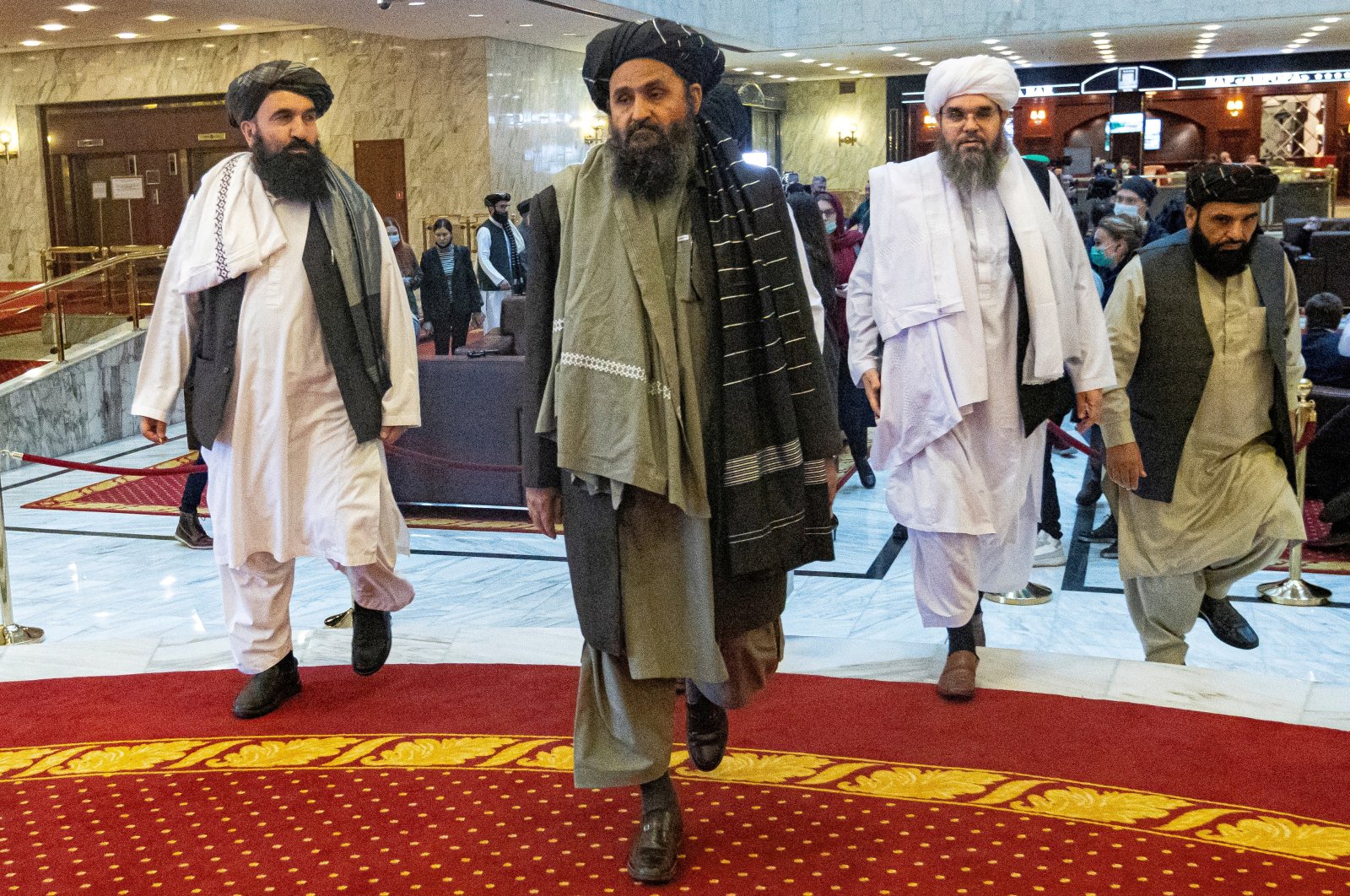 Mullah Abdul Ghani Baradar, the Taliban's deputy leader and negotiator, and other delegation members attend the Afghan peace conference in Moscow, Russia, March 18, 2021. (REUTERS/File Photo)