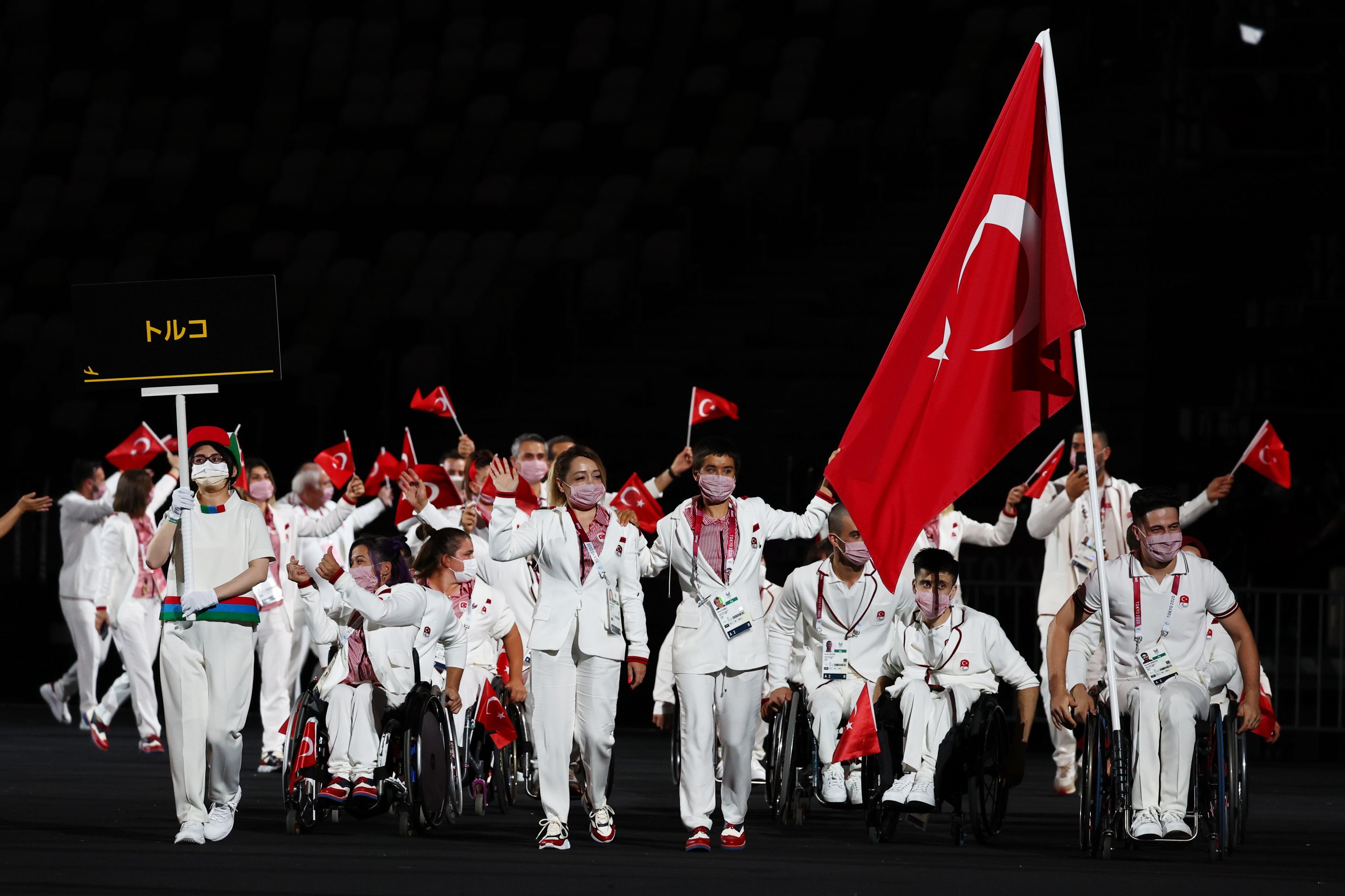 The Turkish contingent during the athletes parade at the Tokyo 2020 Paralympic Games Opening Ceremony at the Olympic Stadium, Tokyo, Japan, Aug. 24, 2021. (Reuters Photo)