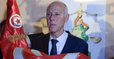 Conservative academic Kais Saied celebrates his victory in the Tunisian presidential election in the capital Tunis, Tunisia, Oct. 13, 2019. (AFP Photo)