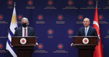Foreign Minister Mevlüt Çavuşoğlu speaks at joint news conference with Uruguayan counterpart Francisco Bustillo Bonasso in Ankara, Turkey, Aug. 24, 2021. (AA Photo)