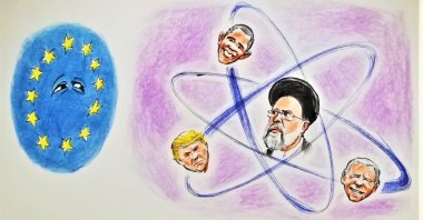 The illustration by Erhan Yalvaç, shows Iran's President Ebrahim Raisi surrounded by former U.S. Presidents Barack Obama, Donald Trump and the current president, Joe Biden.