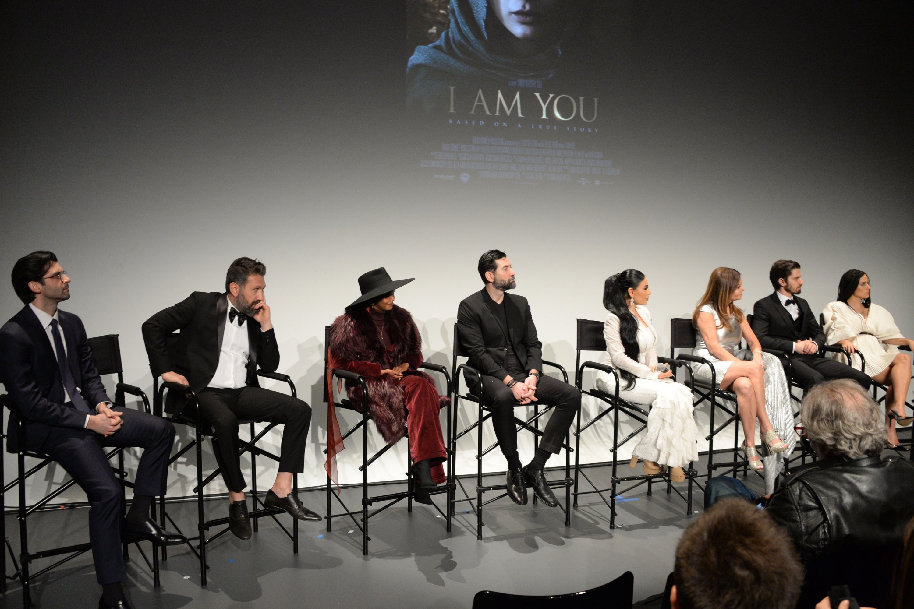 From left, Chris Cole, Hakan Aydın, Halima Aden, Ali Pınar, Aryana Sayeed, Sonia Nassery Cole, Emre Çetinkaya and Cansu Tosun onstage at the New York premiere of "I Am You," at Pier 59 Studios, New York City, U.S., Feb. 6, 2020. (Getty Images)