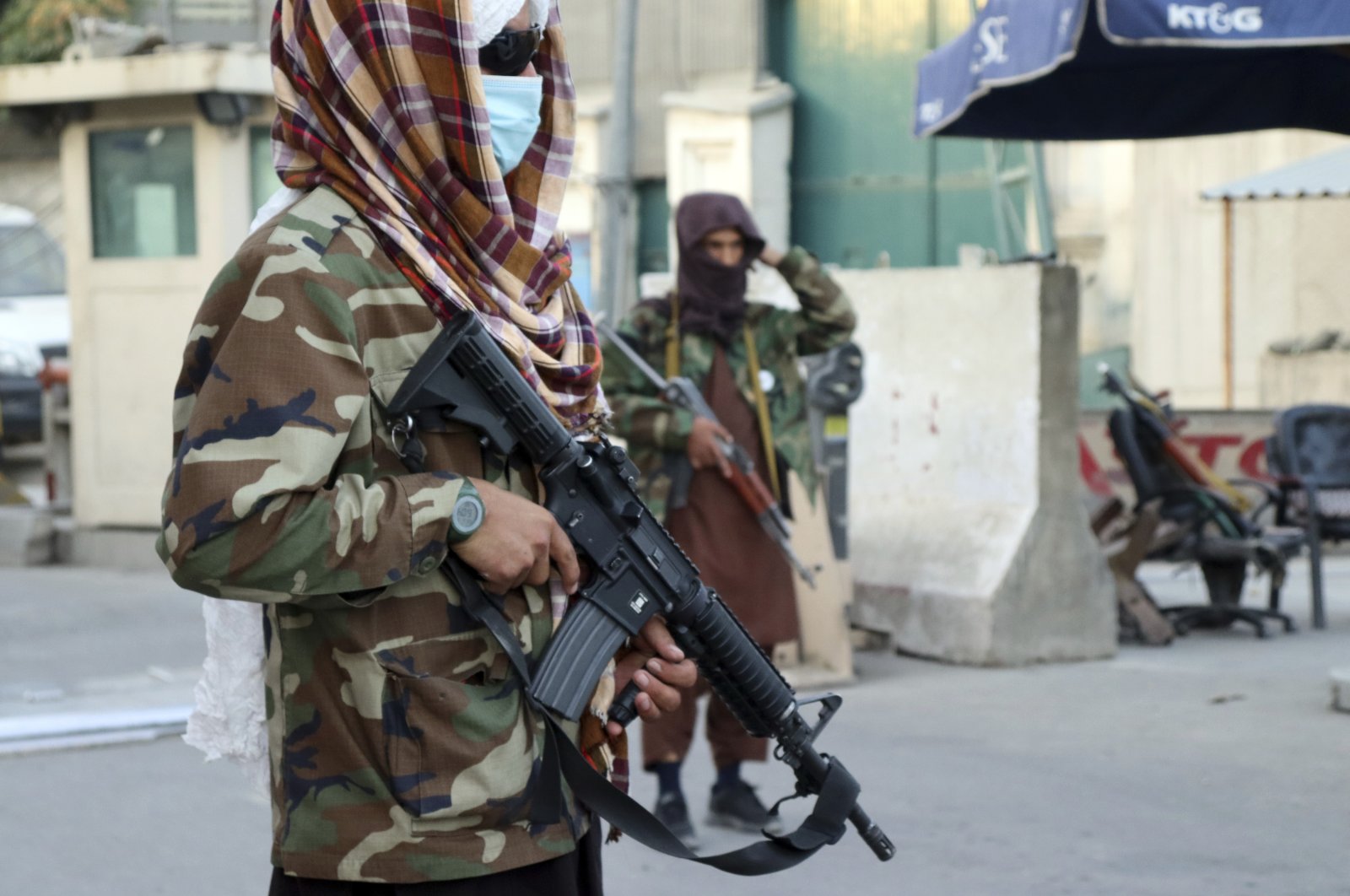 Taliban fighters stand guard at a checkpoint in Kabul, Afghanistan, Wednesday, Aug. 25, 2021. (AP Photo)