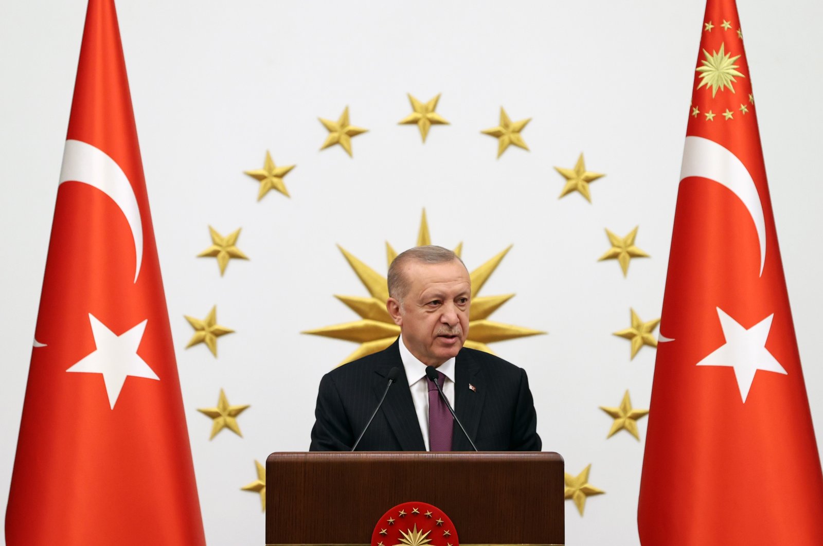 President Recep Tayyip Erdoğan speaks during a reception at the Presidential Complex on Aug. 23, 2021 (IHA Photo)