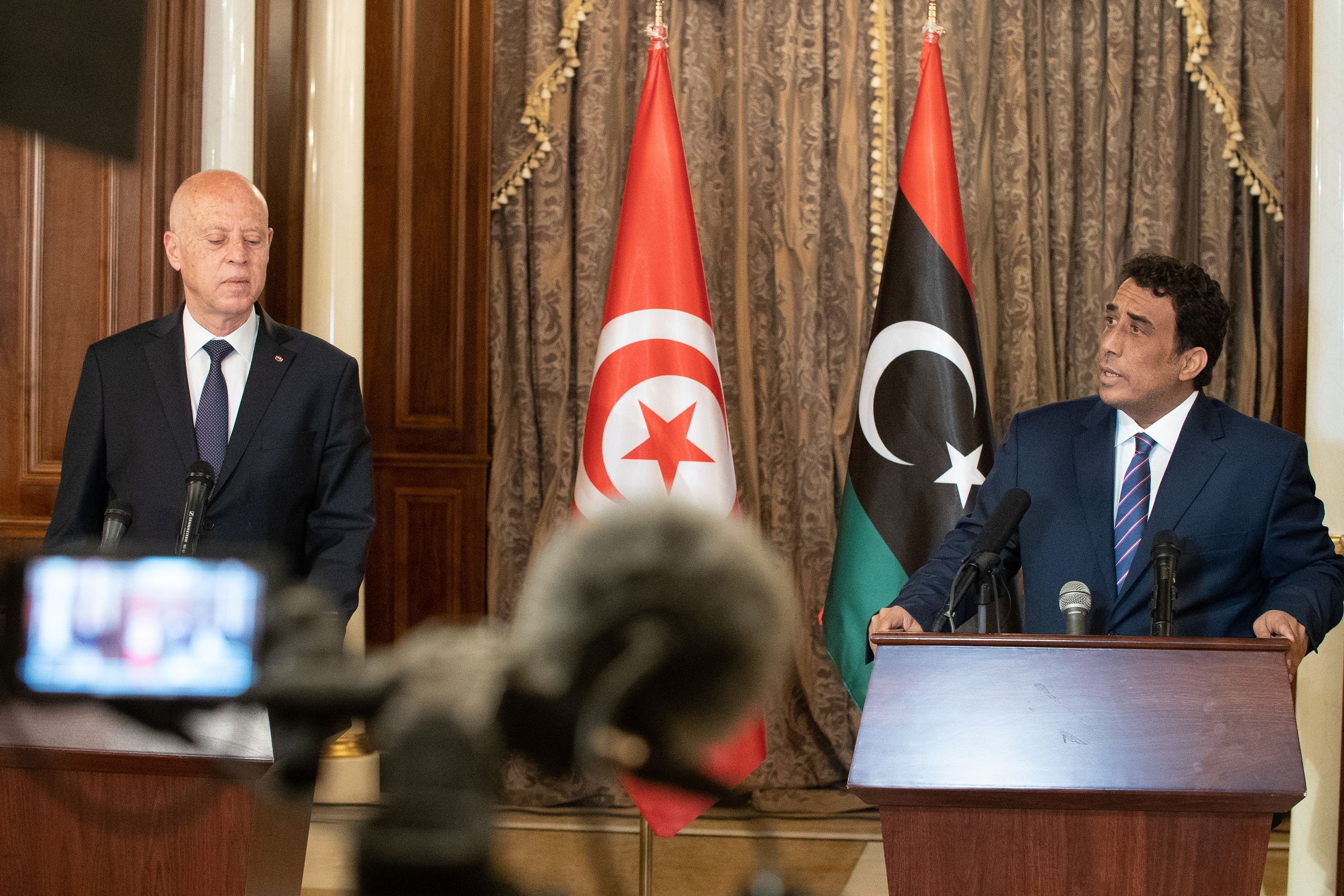 The press conference between the new Libyan Presidential Council head, Mohamed Menfi and the President of Tunisia Kais Saied, Tripoli, Libya, March 17, 2021. (Shutterstock Photo)