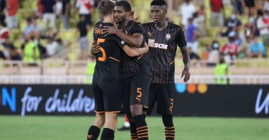 Shakhtar Donetsk's players react at the end of their UEFA Champions League playoff win against Monaco at "Louis II" stadium in Monaco, Aug. 17, 2021. (AFP Photo)