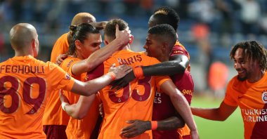 Galatasaray team celebrates a goal during the Europa League playoff football match against Randers in Istanbul, Turkey, Aug. 26, 2021. (IHA Photo)