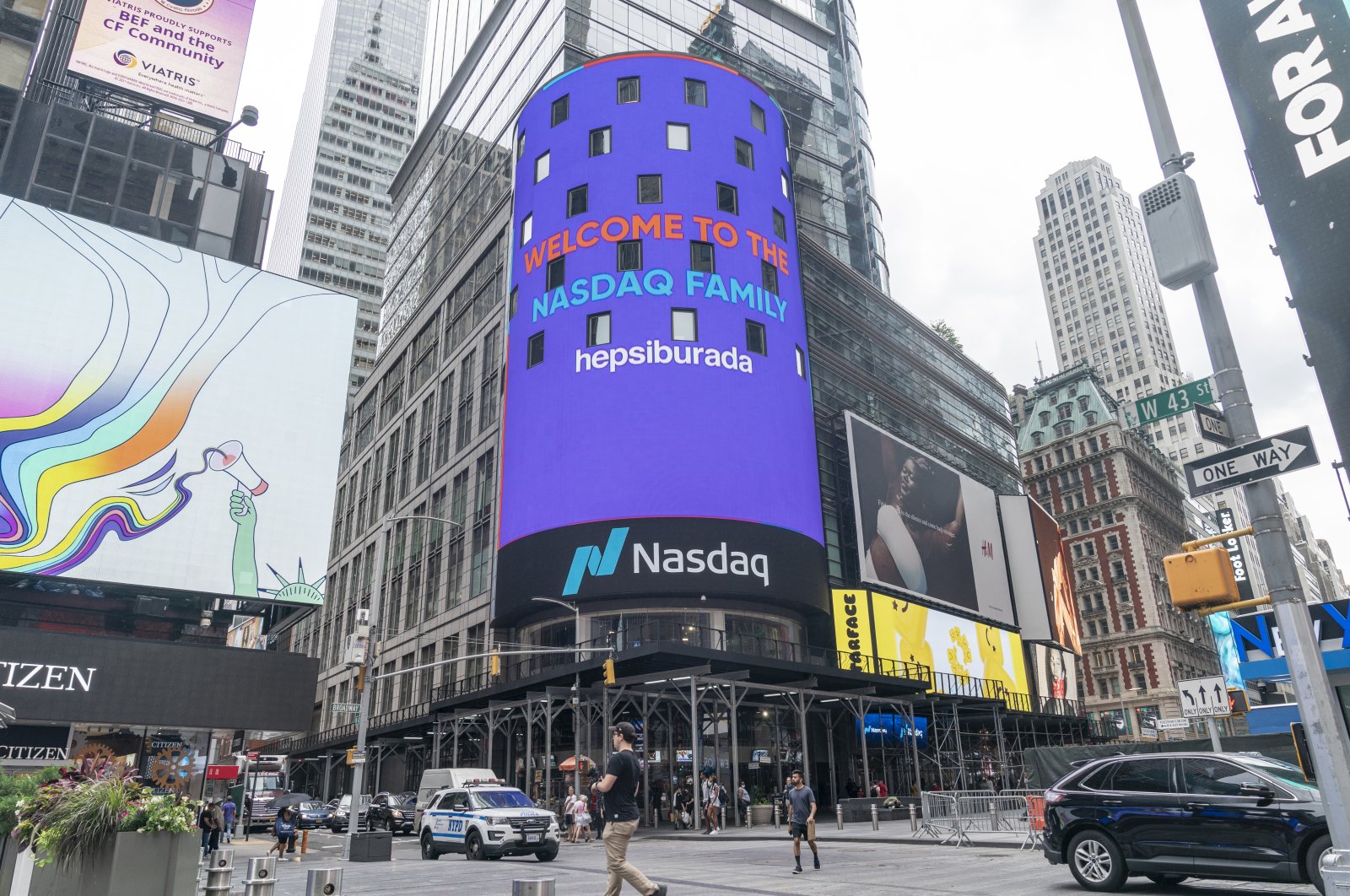 An ad of Hepsiburada is pictured on the display outside the Nasdaq Market Site in Times Square on the day of the company's IPO in New York, U.S., July 1, 2021. (AA Photo)