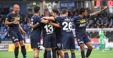Fenerbahce players celebrate a goal during a Europa League match against HJK Helsinki, Helsinki, Finland, Aug. 26, 2021. (EPA Photo)