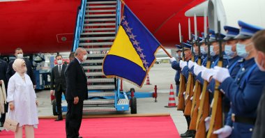 President Recep Tayyip Erdoğan greets soldiers at the airport in Sarajevo, Bosnia-Herzegovina, Aug. 27, 2021. (DHA Photo)