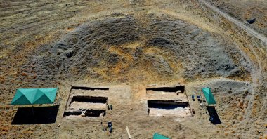 An aerial view shows the theater complex of the ancient city of Savatra, in Konya, Turkey, Aug. 27, 2021. (AA Photo)
