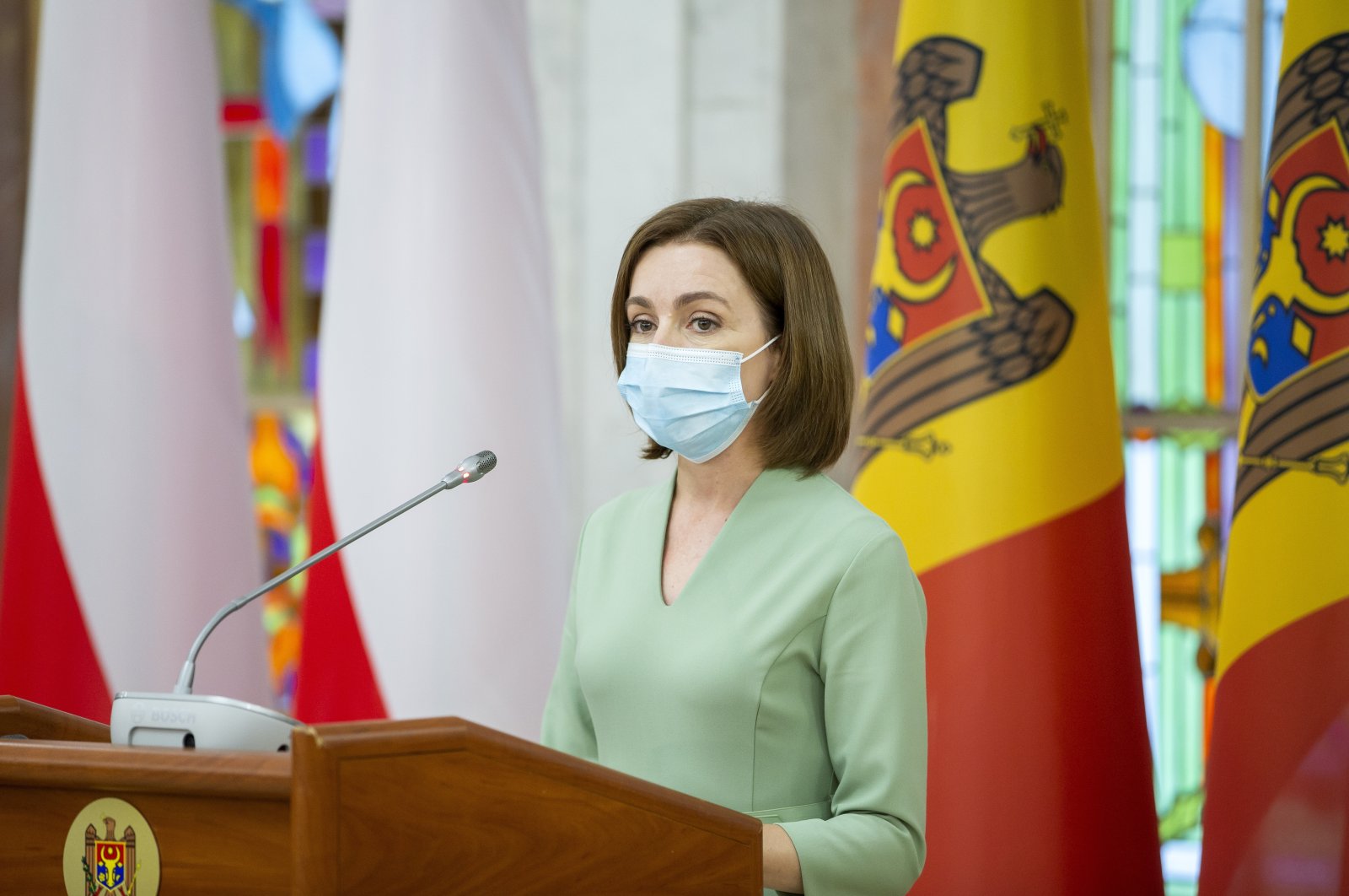Moldovan President Maia Sandu during a joint press briefing with Polish President Duda (not pictured) at the Presidential Palace, in Chisinau, Moldova, Aug. 26, 2021. (EPA Photo)