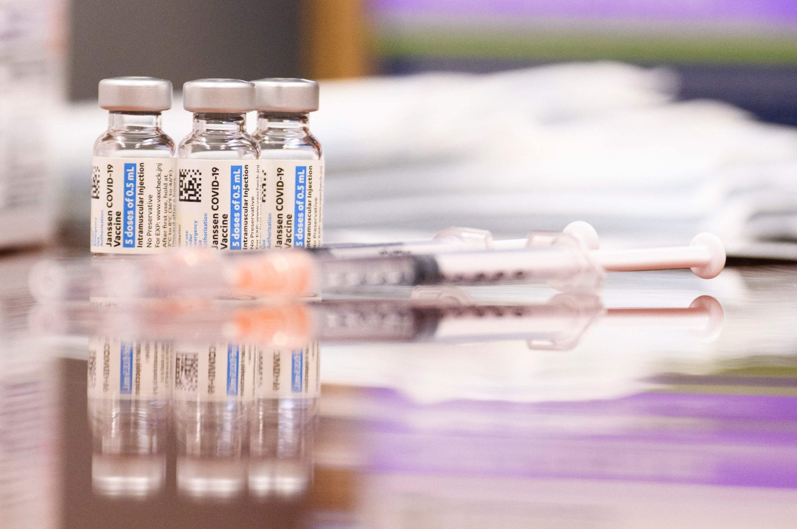 In this file photo vials and syringes of the Johnson and Johnson Janssen COVID-19 vaccine are displayed at a Culver City Fire Department vaccination clinic on Aug. 5, 2021, in California. (AFP File Photo)