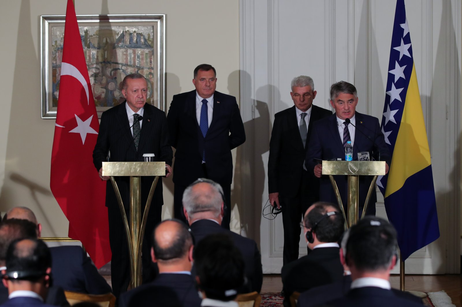 President Recep Tayyip Erdoğan speaks at a news conference held with the members of the Presidential Council at the Presidential Palace of Bosnia-Herzegovina, Aug. 27, 2021. (AA Photo)