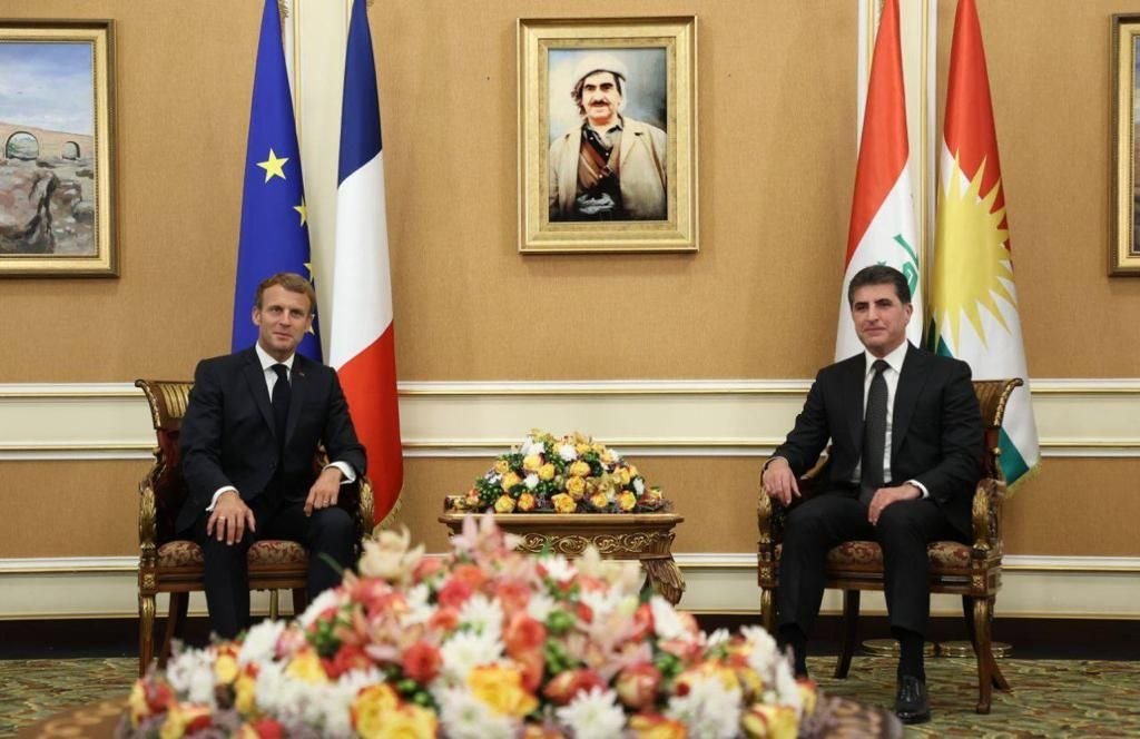French President Emmanuel Macron (left) with KRG head Nechirvan Barzani in Irbil, Iraq, Sunday, Aug. 29, 2021. (AA Photo)